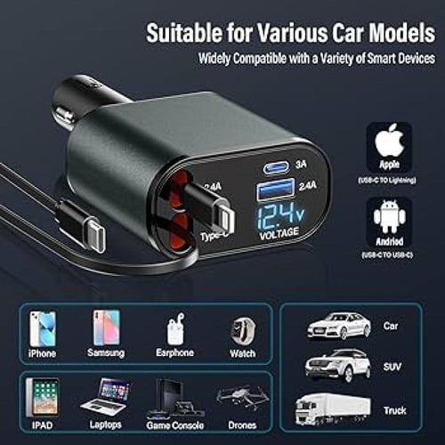 شاحن سيارة 4 في 1 قابل للسحب مع كابلات Type-C و US...