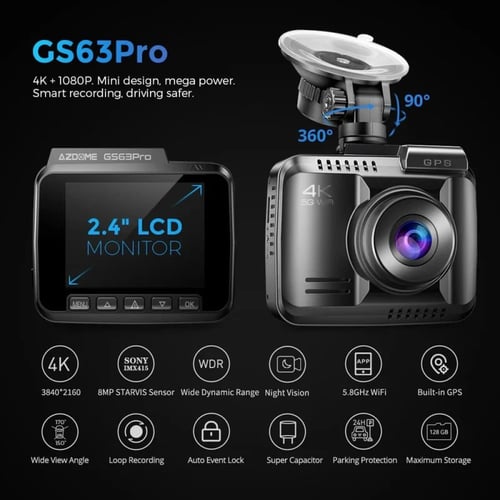 داش كام - AZDome GS63H Pro بدقة 4K، واي فاي، جي بي...