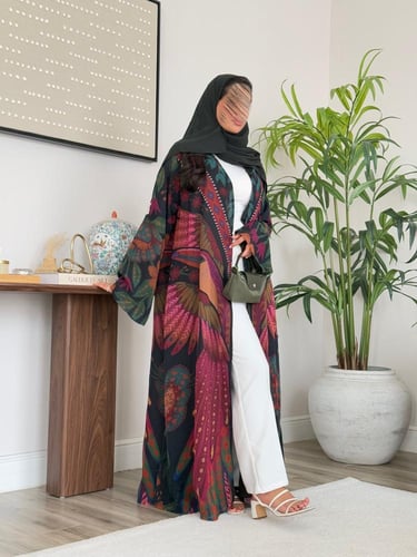 عباية شيفون ملون - مبطن زيتي