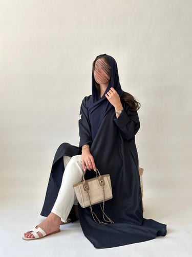 عباية لينن جاكار مقلم - كحلي غامق