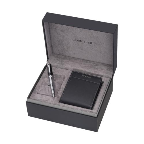 Cerruti 1881 Set Black Leather Wallet Stainless St...
