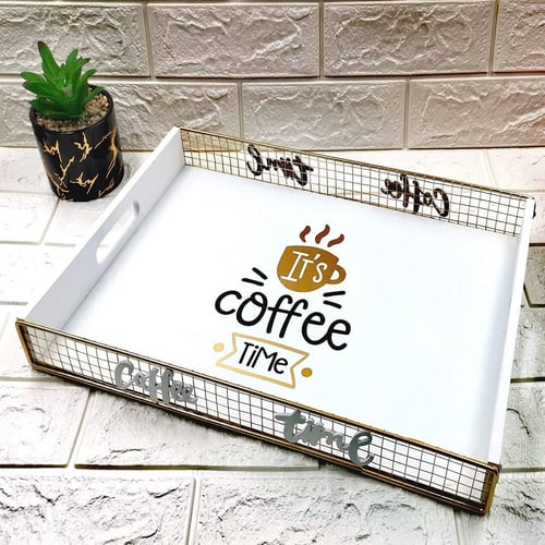 صينية تقديم من الخشب بجوانب استيل ذهبي، لون ابيض،...