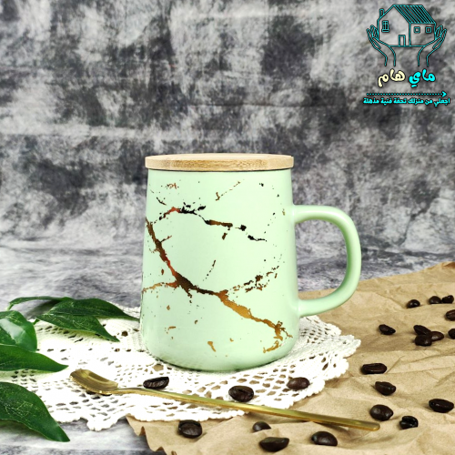 كوب كوفي سيراميك بديزاين الماربل مع غطاء خشبي وملع...