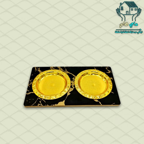 طبقين حديد ذهبي صغير جدا بقاعدة خشب ماربل، عصري وأ...