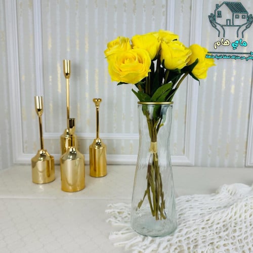 فازة ورود زجاج شفاف مموج بحواف ذهبية، عصرية وأنيقة