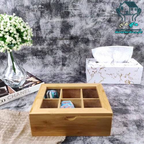 صندوق تخزين شاي، مستطيل خشبي بغطاء زجاج، 6 مساحات...