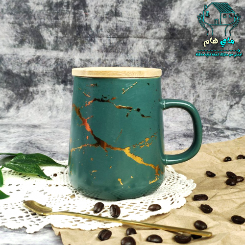 كوب كوفي سيراميك بديزاين الماربل مع غطاء خشبي وملع...