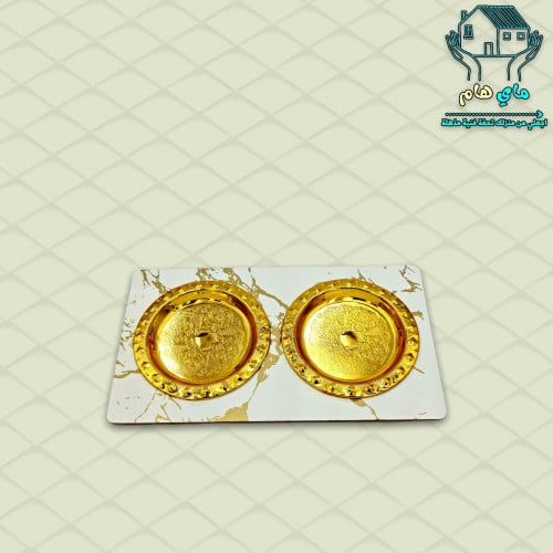 طبقين حديد ذهبي صغير جدا بقاعدة خشب ماربل، عصري وأ...