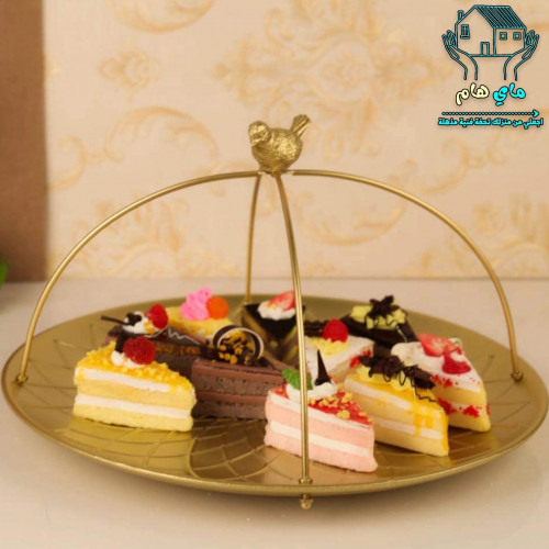 صحن تقديم خشبي ذهبي دائري بحامل حديد، مقاس 34 سم