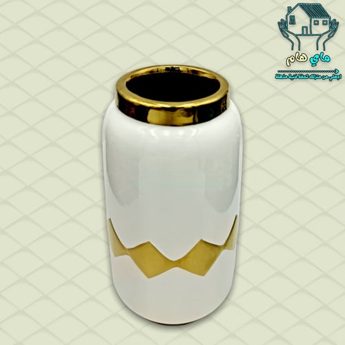 فازة ورود سيراميك أبيض مزين بنقش ذهبي، 7*18 سم