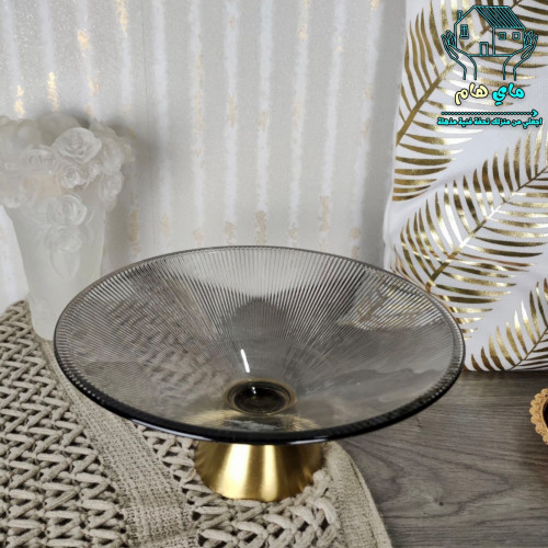 طبق زجاجي مقلم بقاعدة زجاج ذهبية، للحلويات والمعجن...