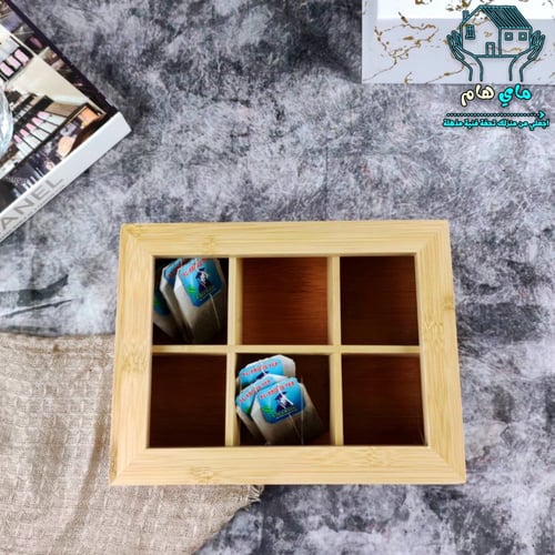 صندوق تخزين شاي، مستطيل خشبي بغطاء زجاج، 6 مساحات...