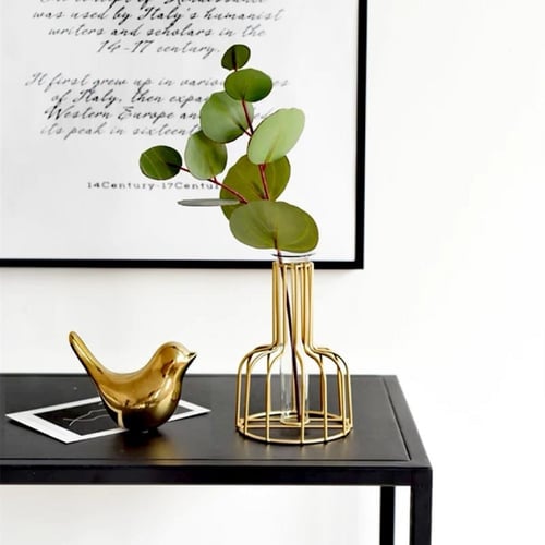 فازة ورود حديد ذهبي مع اسطوانه زجاج شفاف، 4*15.5 س...