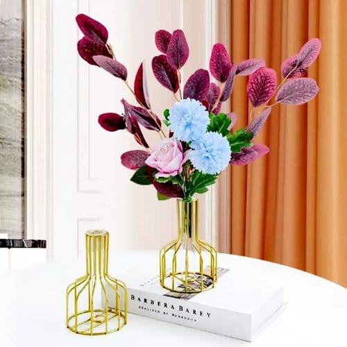 فازة ورود حديد ذهبي مع اسطوانه زجاج شفاف، 4*15.5 س...