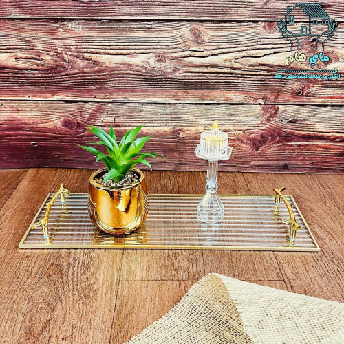 صينية تقديم زجاج شفاف مقلم بالأطراف والمسكات الذهب...