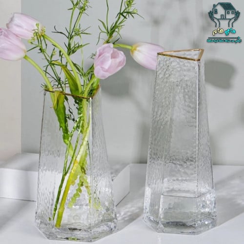 فازة ورود زجاج شفاف مموج مكحل بحواف ذهبية، 23*8 سم