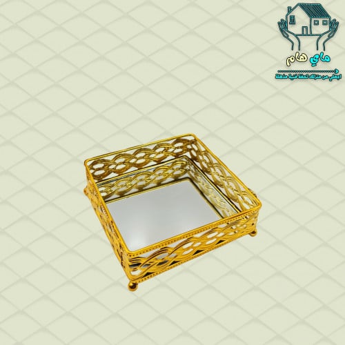 صينية صغيرة مراية بحديد ذهبي، 14*14 سم