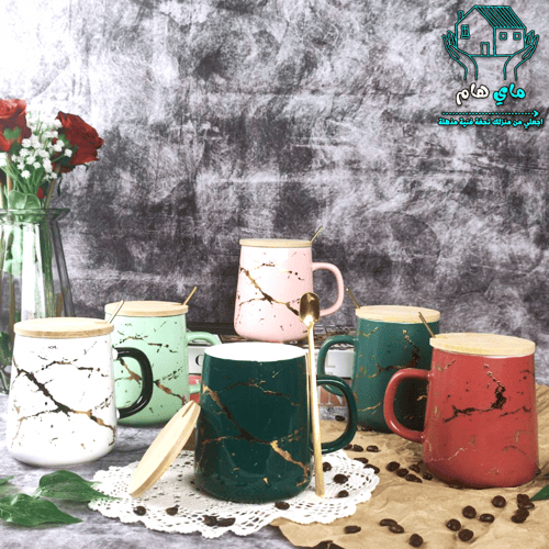 كوب كوفي سيراميك بديزاين الماربل مع غطاء خشبي وملع...