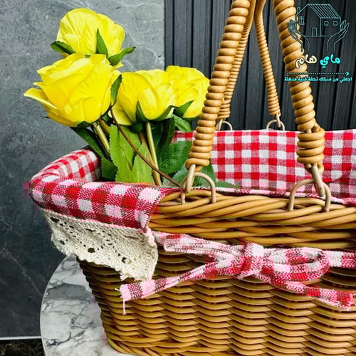 سلة رحلات مستطيل بمقابض، ملبسة بقماش الكاروهات، ال...