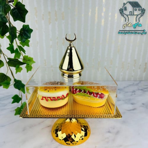 طبق تقديم حديد ذهبي بقاعدة، و بغطاء اكرليك، ديزاين...