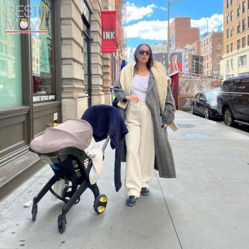 عربة أطفال وكرسي سيارة -بيج