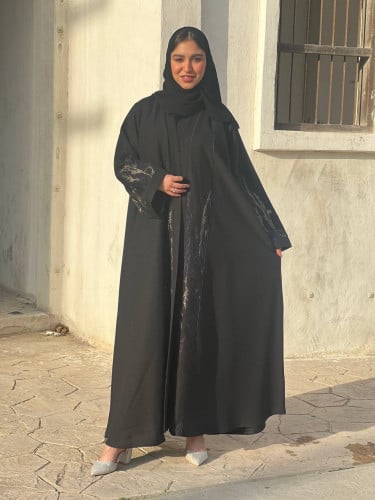 عباية بتطريز كحلي وذهبي فخم-0604