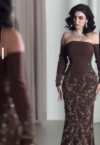 فستان سهره براون مزين بالتطريز اليدوي الملكي