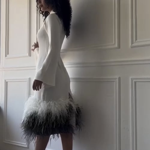 فستان اوربي مزين بالريش