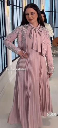 فستان وردي انيق +جاكيت بتطريز رائع