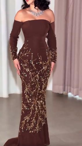 فستان سهره براون مزين بالتطريز اليدوي الملكي