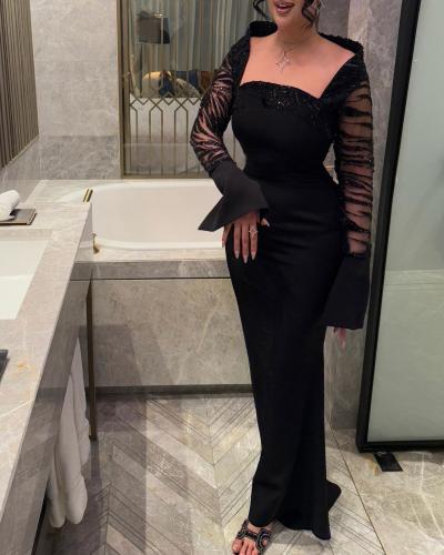 فستان فرنسي اسود بقصات ملكيه