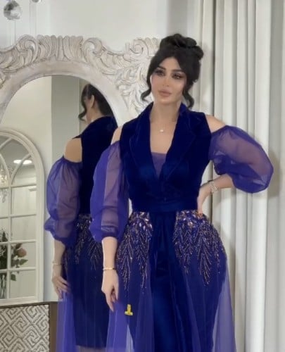 فستان اوربي نيلي مطرز تطريز يدوي