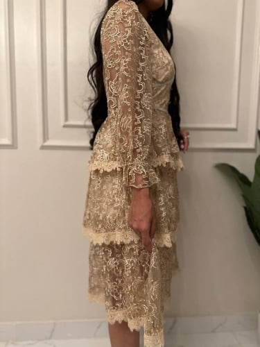 فستان مكون من الدانتيل الرائع بتطريز الكريستالات ت...