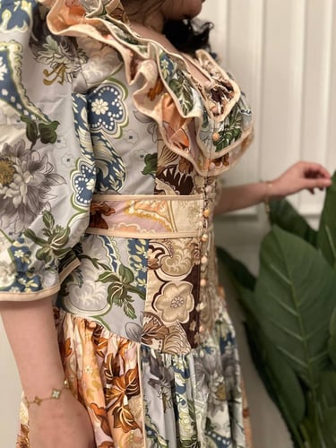 فستان اوربي مشجر بألوان الطبيعه المخمليه