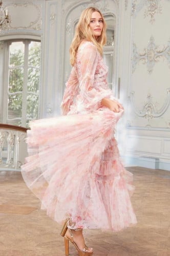 فستان اوربي وردي مزين بوردات التوليب االخريفيه الر...