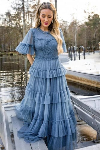 فستان ملكي اوربي فيروزي مزين بكشكشه مزين بالشيفونا...