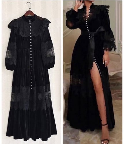 فستان اسود فرنسي مطرز بالدانتيل المخملي الملكي