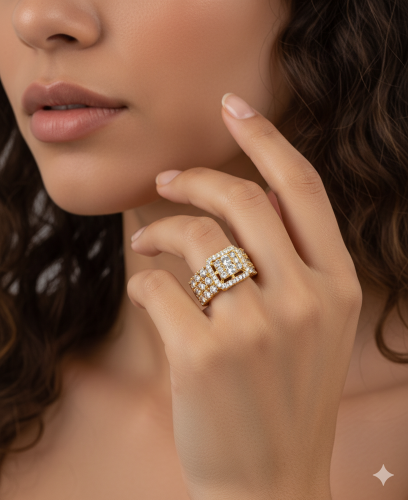 خاتم نسائي فاخر مطلي ذهبي بفصوص زركون وتصميم مربع