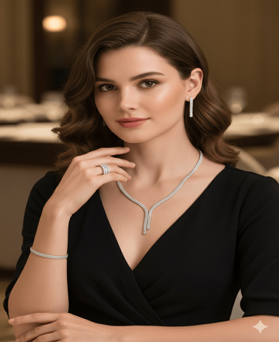 طقم مجوهرات عصري – سوار، خاتم، حلق وسلسال بتصميم م...