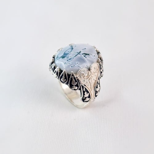 خاتم فضة على عقيق يماني طحلبي سماوي