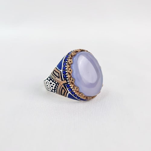 خاتم فضة رجالي حجر العقيق اليماني سماوي