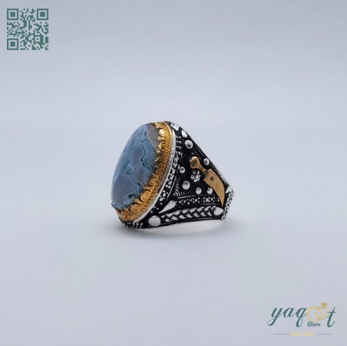 خاتم فضه مع عقيق يماني طحلبي سماوي