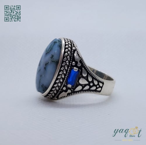 خاتم فضه مع عقيق يماني سماوي