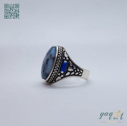 خاتم فضه مع عقيق يماني سماوي