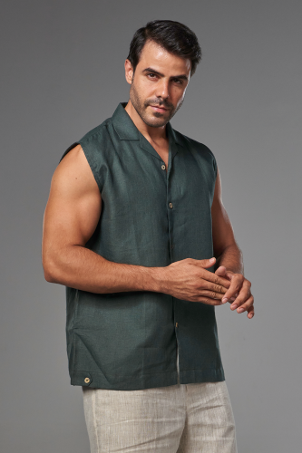 تيشيرت كت رجالي كتان لون زيتى