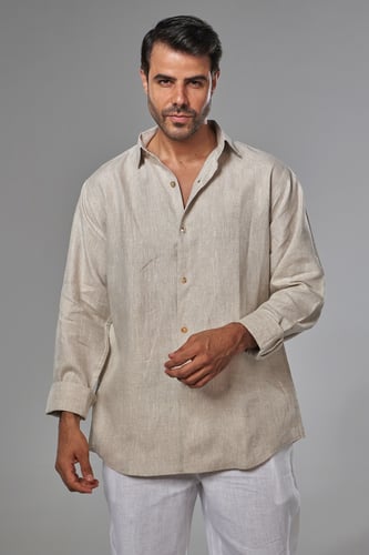 قميص بيج كتان رجالي كم طويل - BEIGE SHIRT