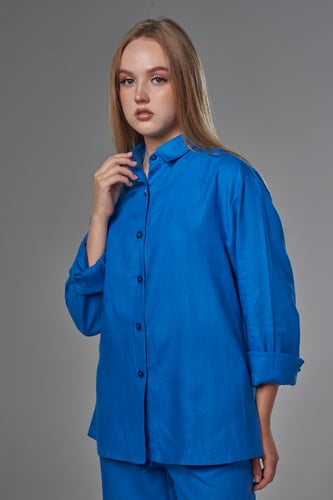قميص أزرق غامق نيلى نسائي كتان blue top