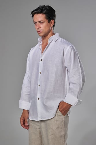 قميص ابيض كتان رجالي كم طويل - WHITE SHIRT