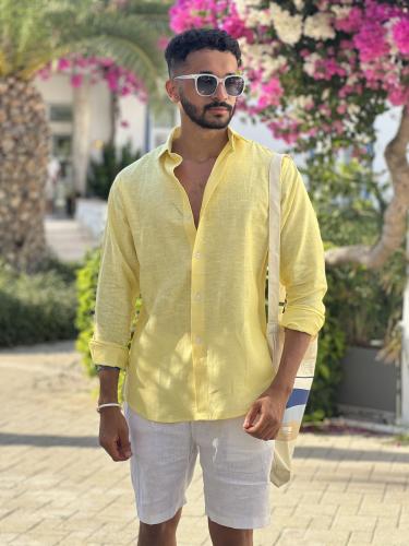 قميص اصفر كتان رجالي كم طويل - Yellow Linen Shirt
