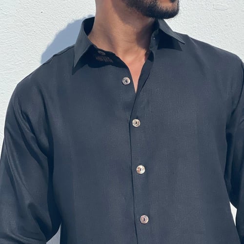 قميص اسود كتان رجالي كم طويل - Black Linin Shirt